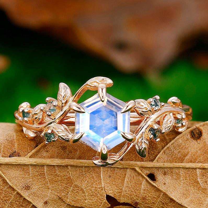 Hexagon Cut Leaf Moonstone Engagement Ring Moss Agate