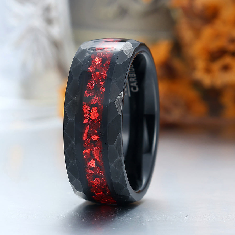 Crushed Red Ruby Black Men's Tungsten Wedding Band 8mm Hammered