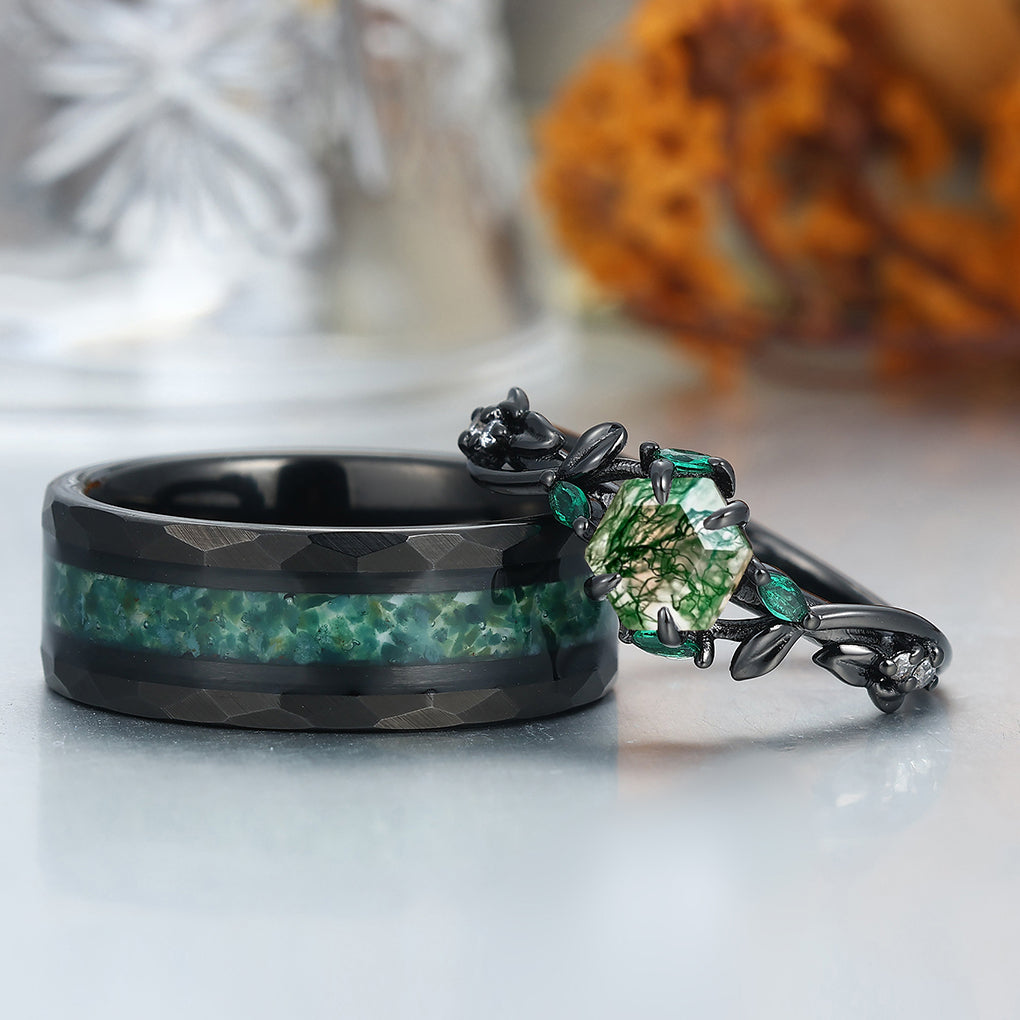 Exquisite Moss Agate Sprigs Engagement Couple Rings Promise Green Tung