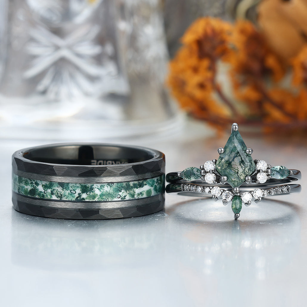 Vintage Kite Green Moss Agate Couple Ring Set 925 Sliver His and