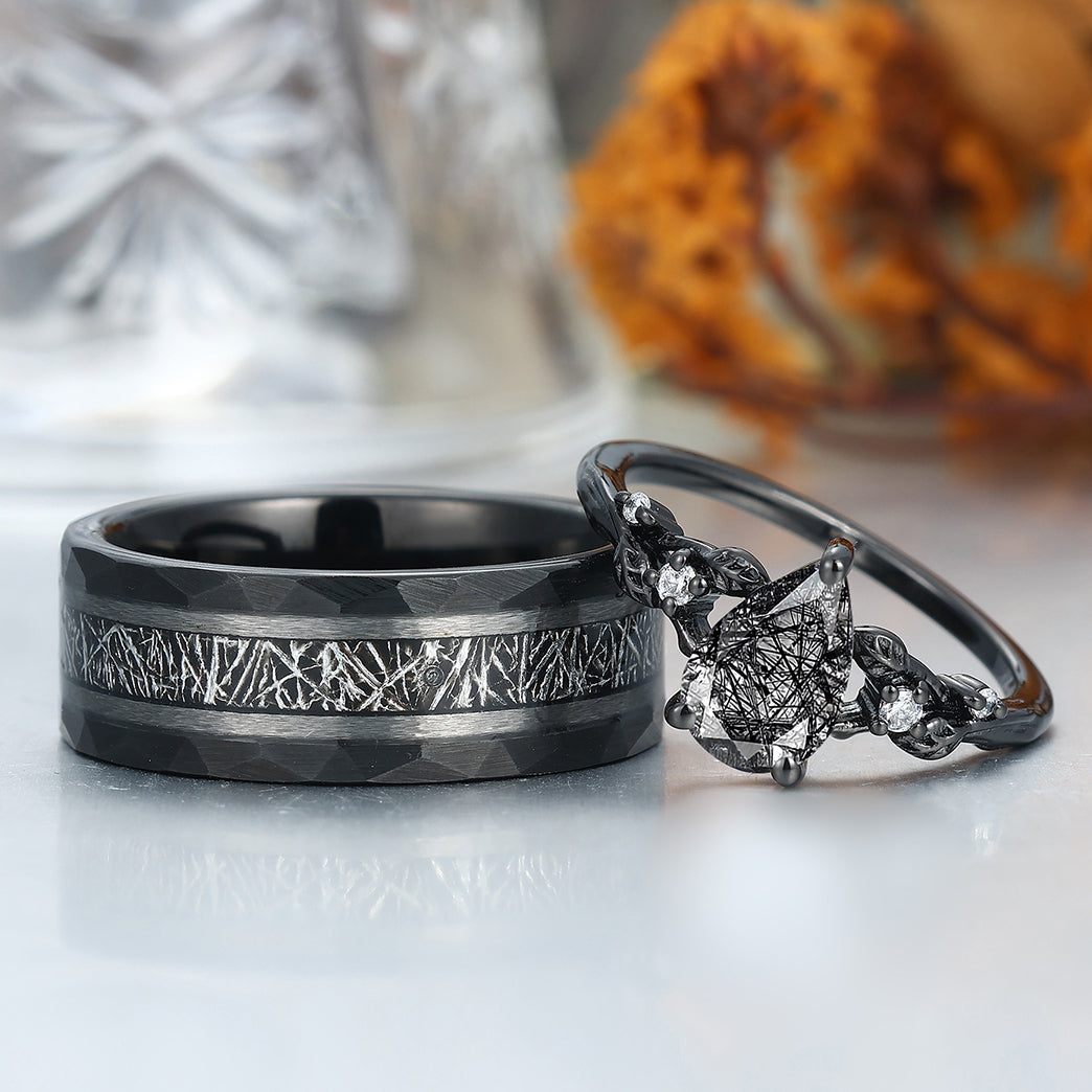 Exquisite Black Rutilated Quartz Leaves Engagement Couple Rings