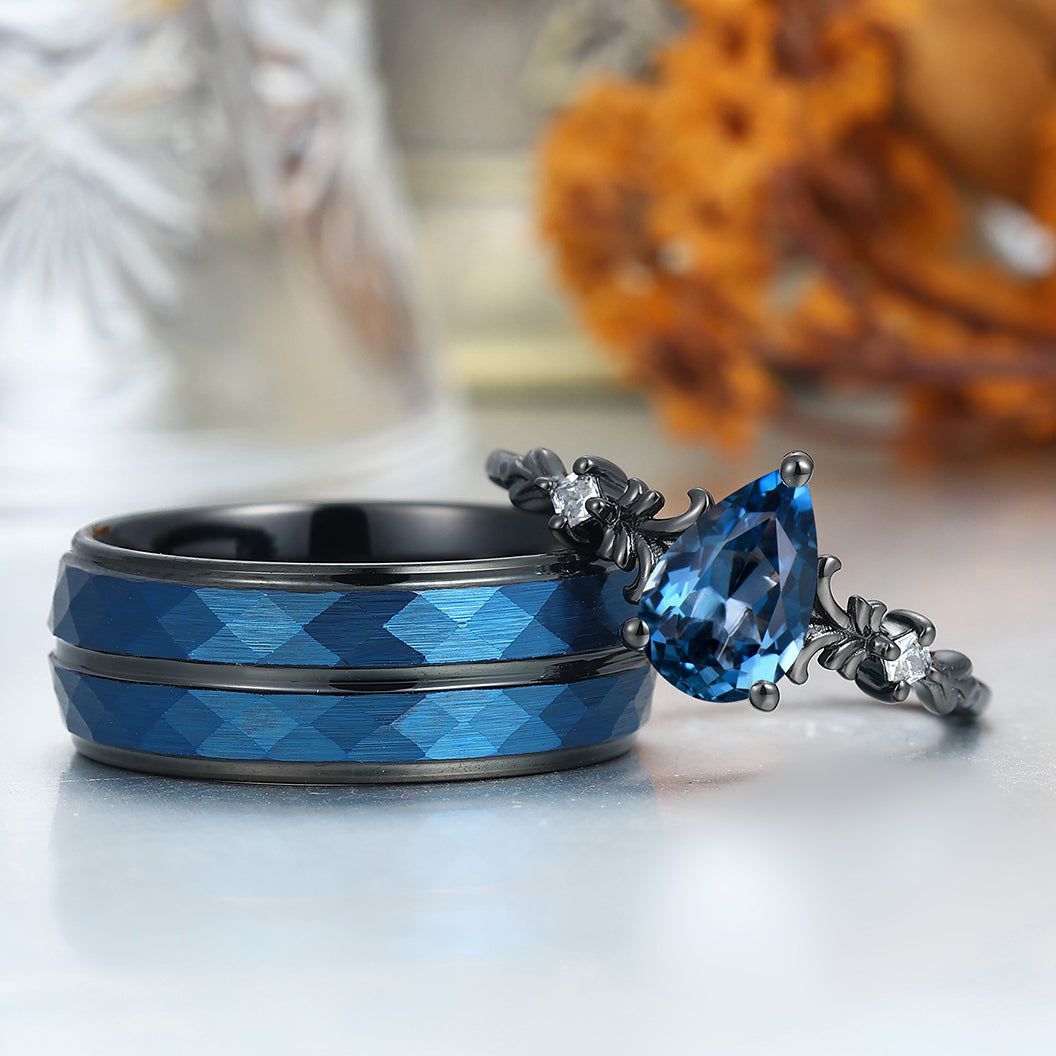 Bague de couple en topaze London Blue taille poire, bague de