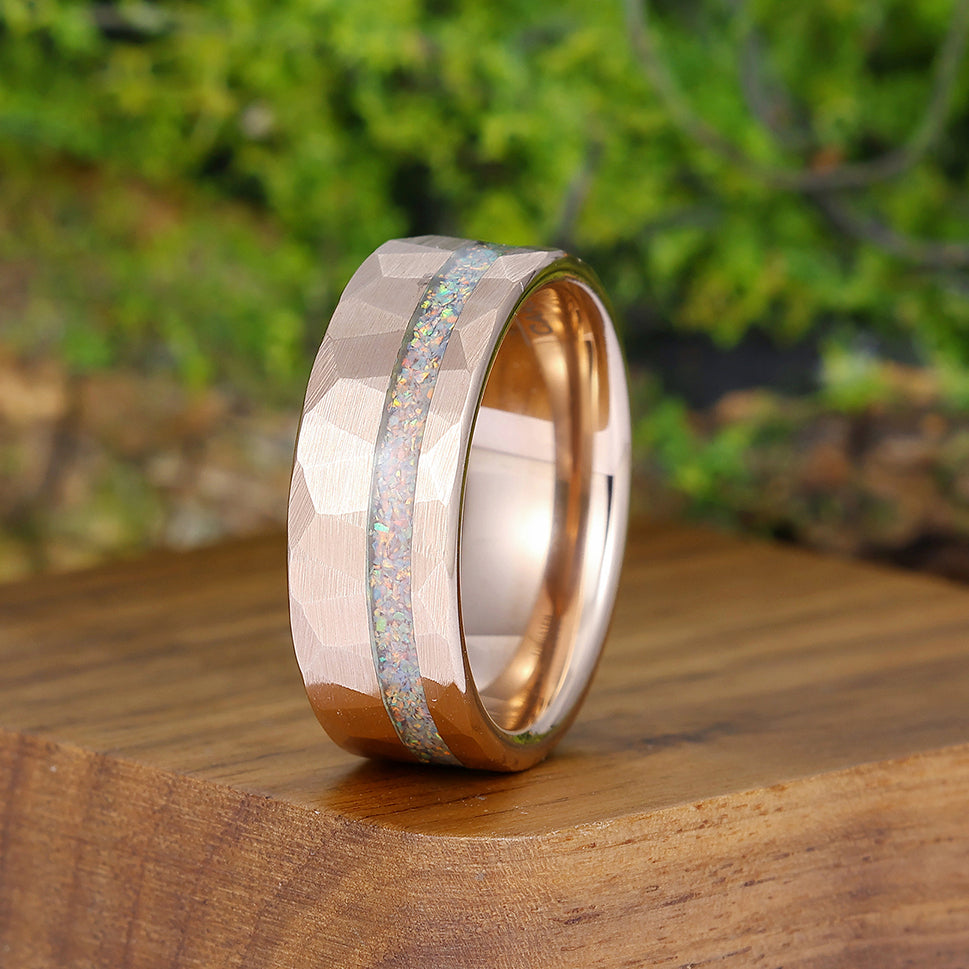 Pink White Opal Rose Gold Plated Tungsten Wedding Band Hammer Men
