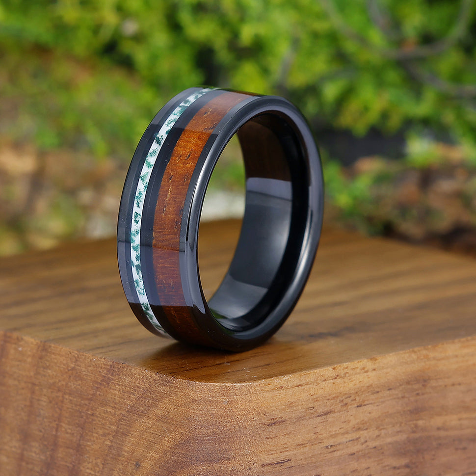 Bague en tungstène pour hommes avec bandes en bois d'agate mousse