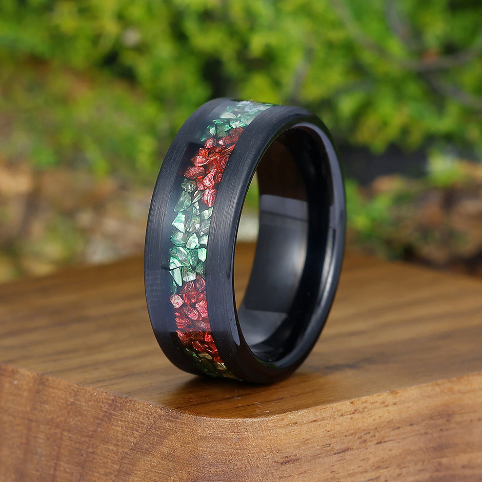 Unique Two-tone Emerald Ruby Mens Tungsten Ring Promise Black