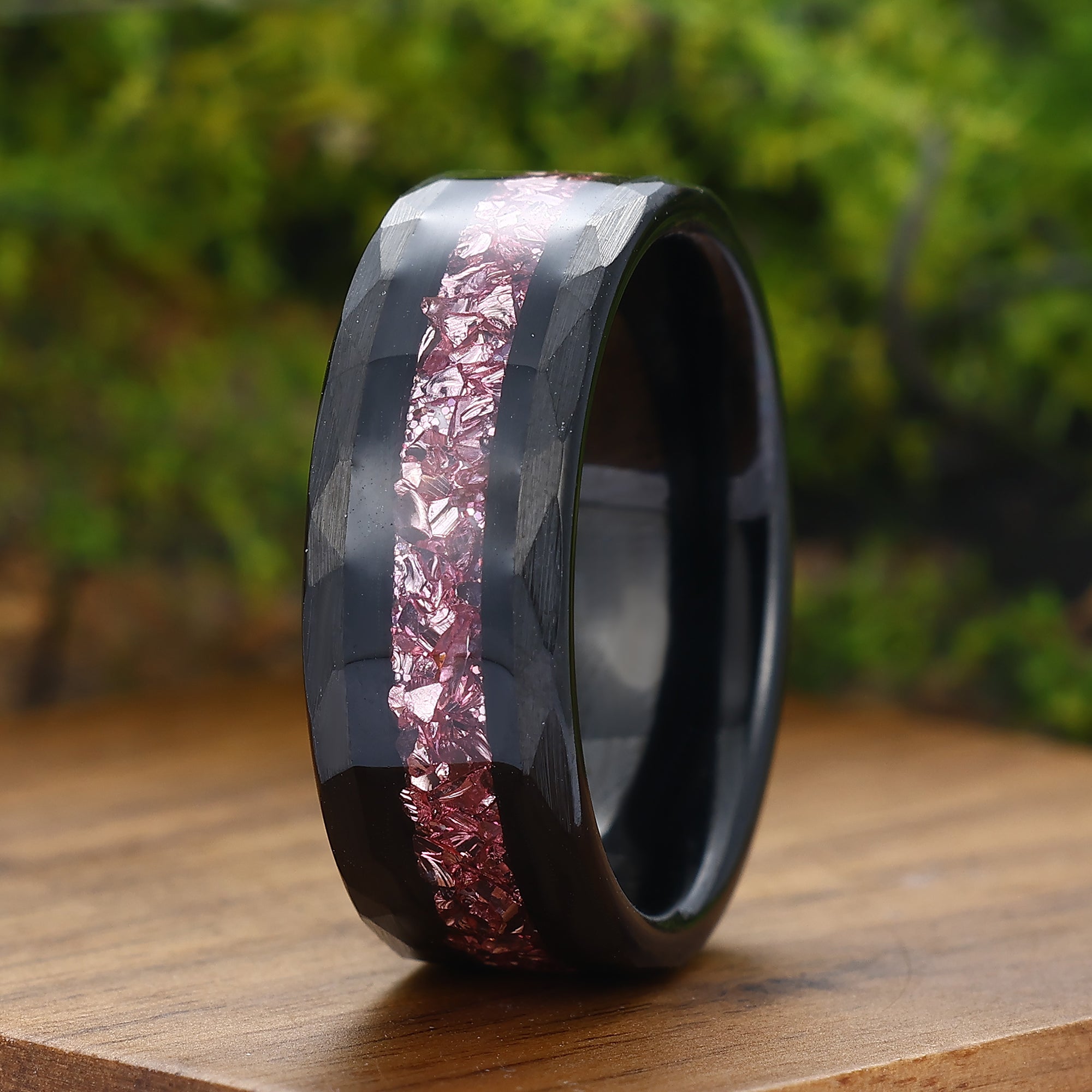 Crushed Pink Sapphire Tungsten Carbide Promise Ring 8mm Hammered