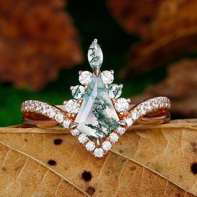 Kite Cut Moss Agate Halo Engagement Ring Moissanite