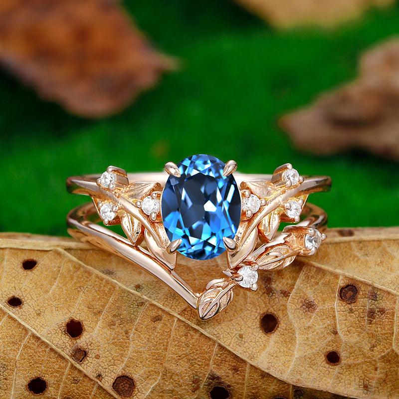 Heart Shaped London Blue Topaz Engagement Ring Art Deco Leaf Design good Bridal Ring 14k Gold Blue Gemstone Wedding Ring Antique Anniversary Ring