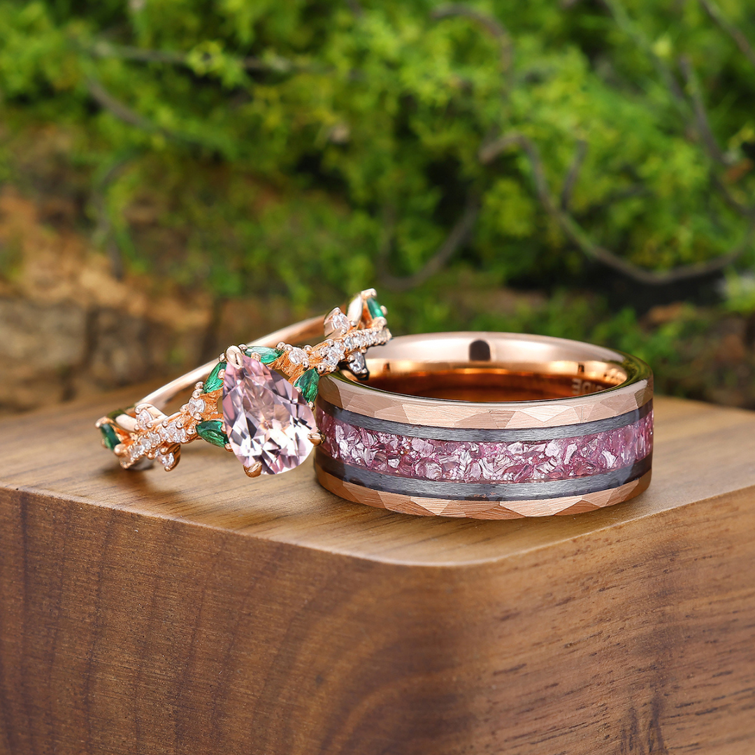 Artsy Crossed Morganite Milgrain Moissanite Engagement Couples