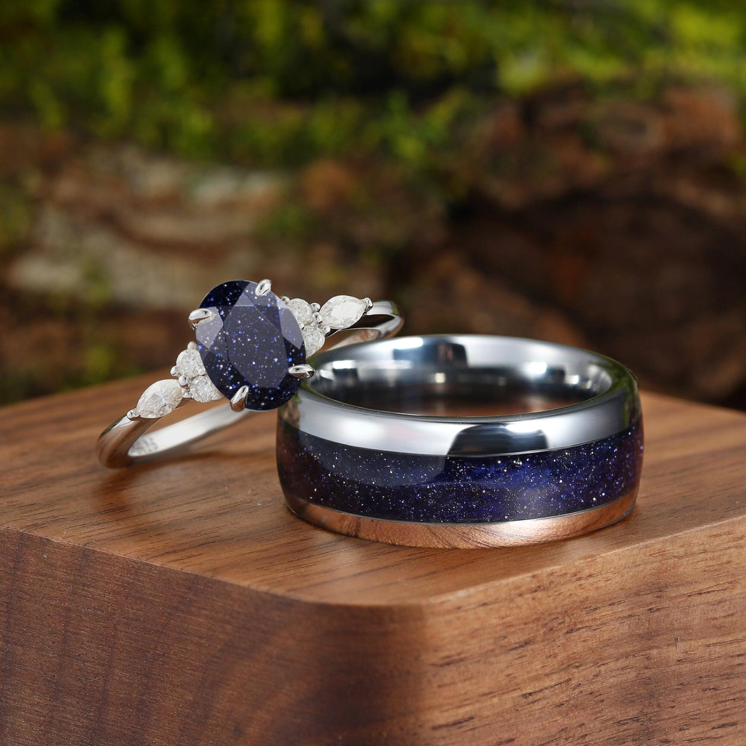 Exquisite Oval Blue Sandstone Accents Engagement Couples Ring Set