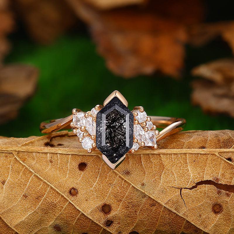 14k Gold Twisted Art Deco Natural Black Rutilated Quartz Diamond