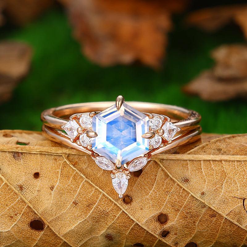 14k Rose Gold Hexagon Shaped Cluster Moonstone Ring Set Marquise