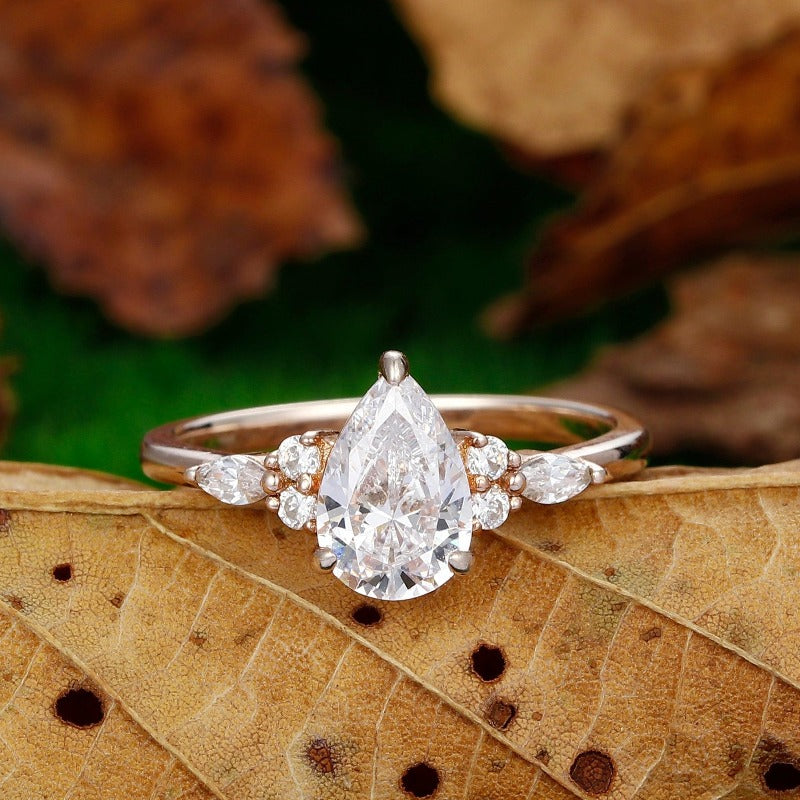 Cluster Diamond Ring, Pear Cut Diamond Engagement Ring, Pear Wedding Ring, Marquise And Round Cut Ring, popular 14K Solid White Gold Cluster Ring