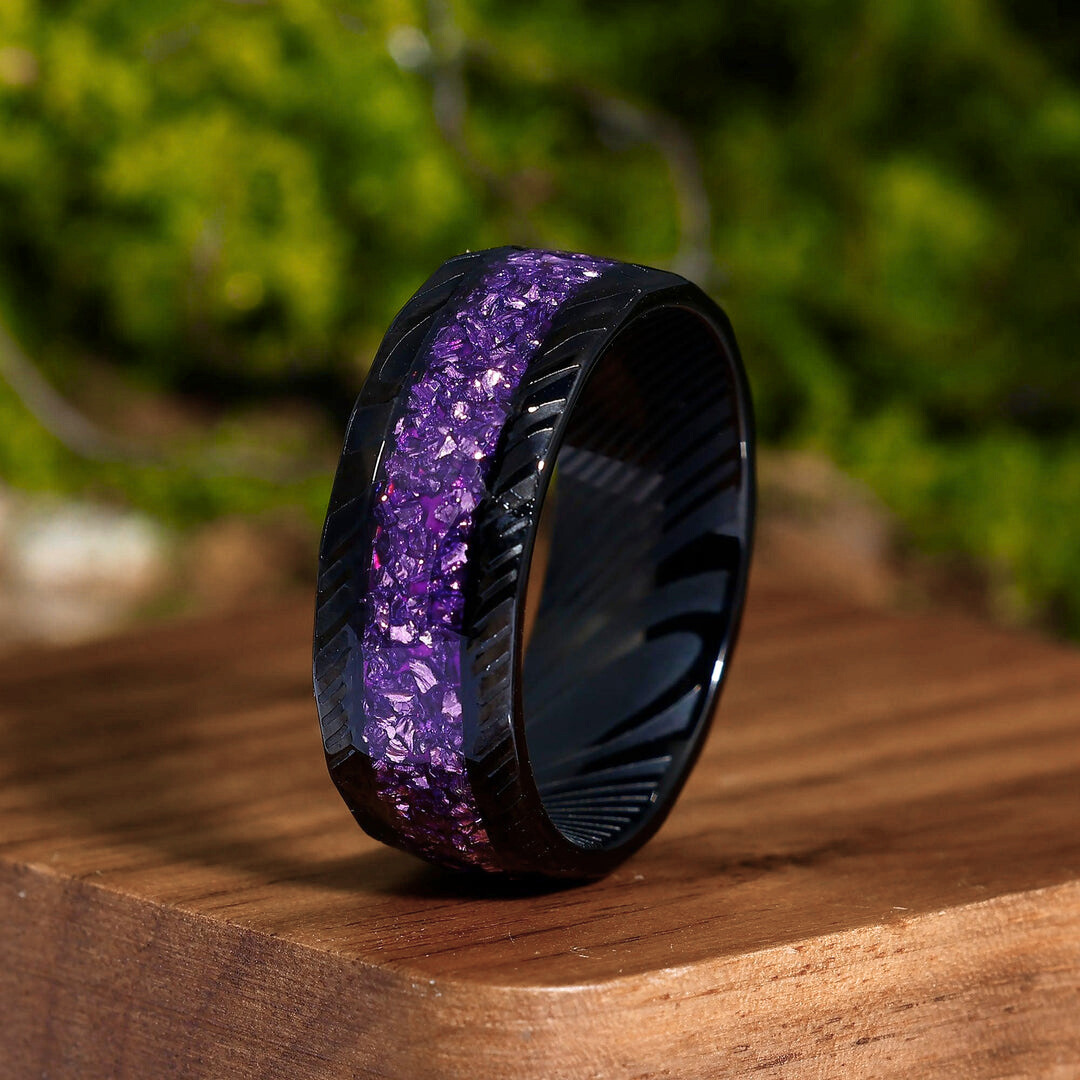 Purple Unique Mens Wedding Bands Rose Gold Natural Amethyst