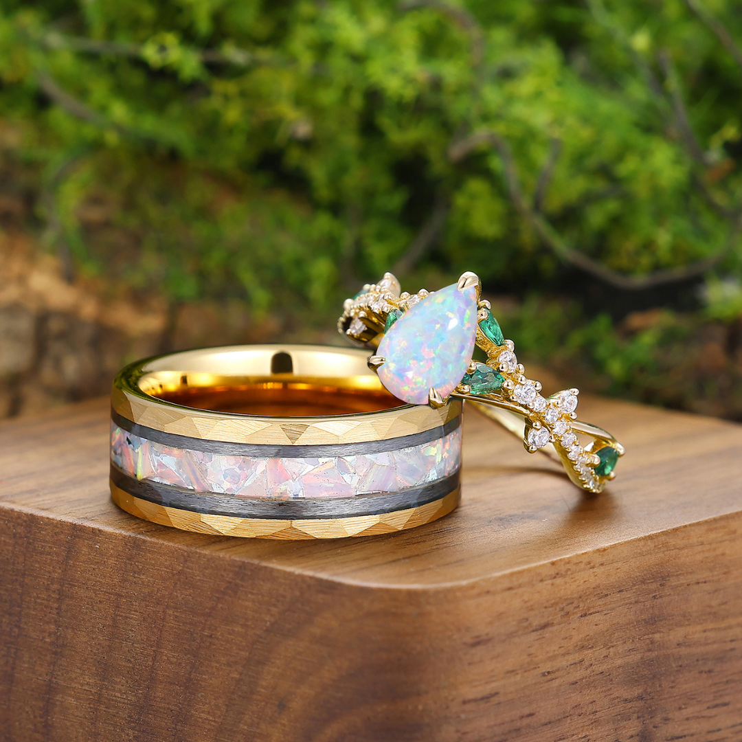 Brilliant Pink White Opal Half Eternity Engagement Couples Ring