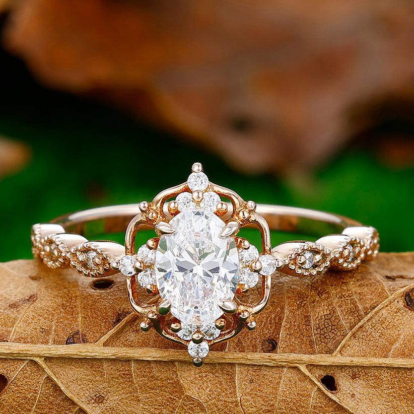 1CT Oval Cut Moissanite Cluster Engagement Ring For Anniversary