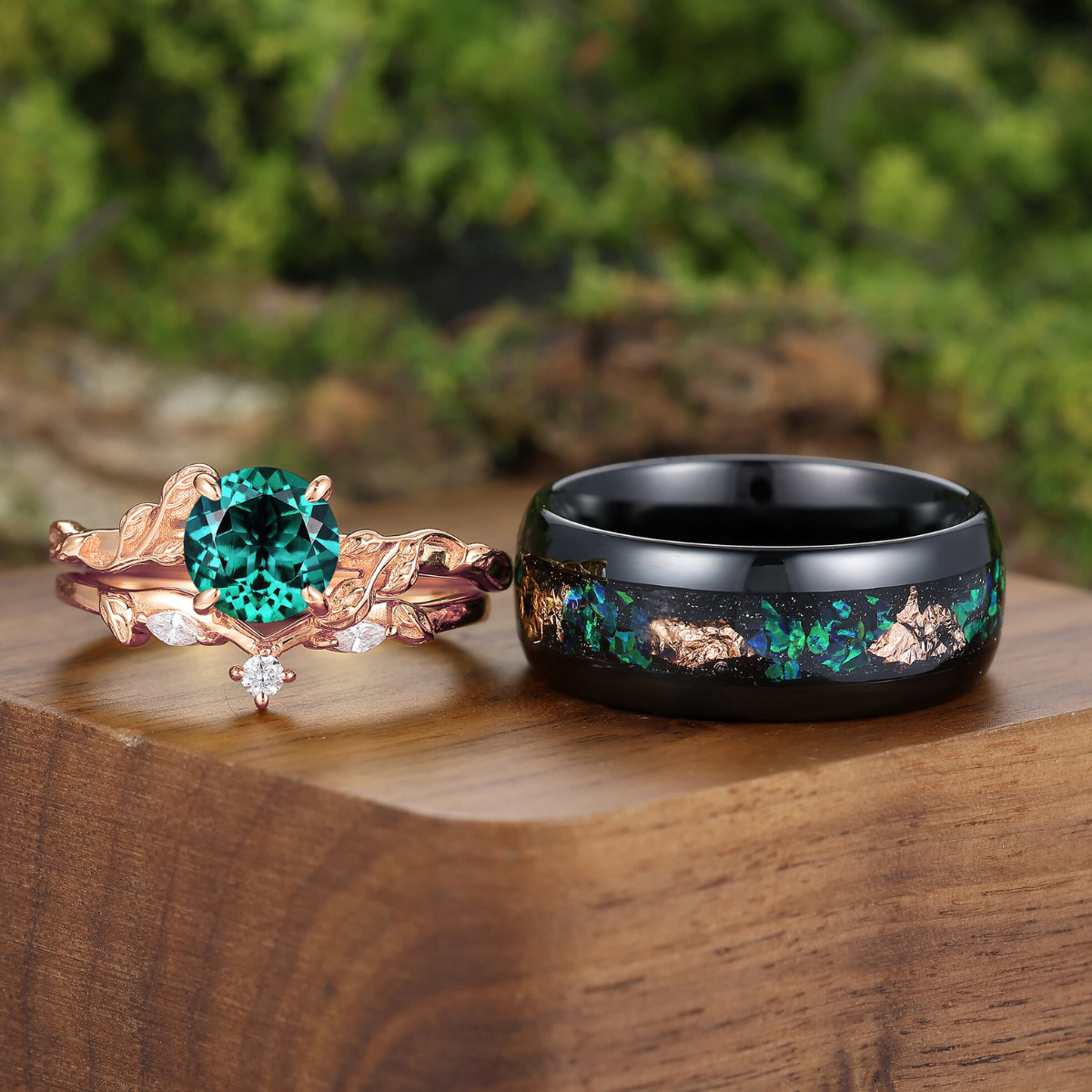 Vintage Leaf Teal Blue Sapphire Engagement Couples Ring Set