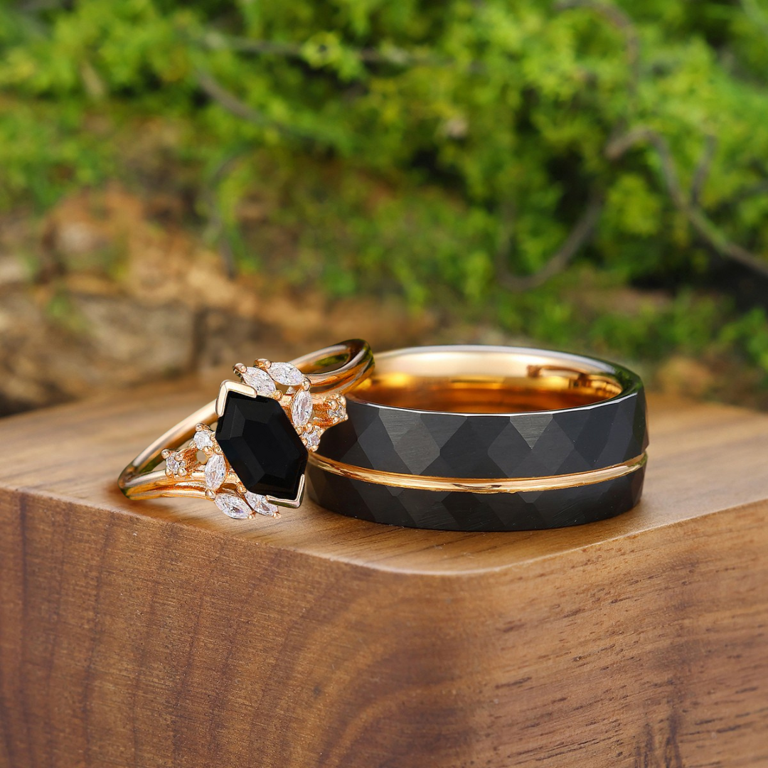 Exquisite Natural Black Onyx Cluster Engagement Couple Rings