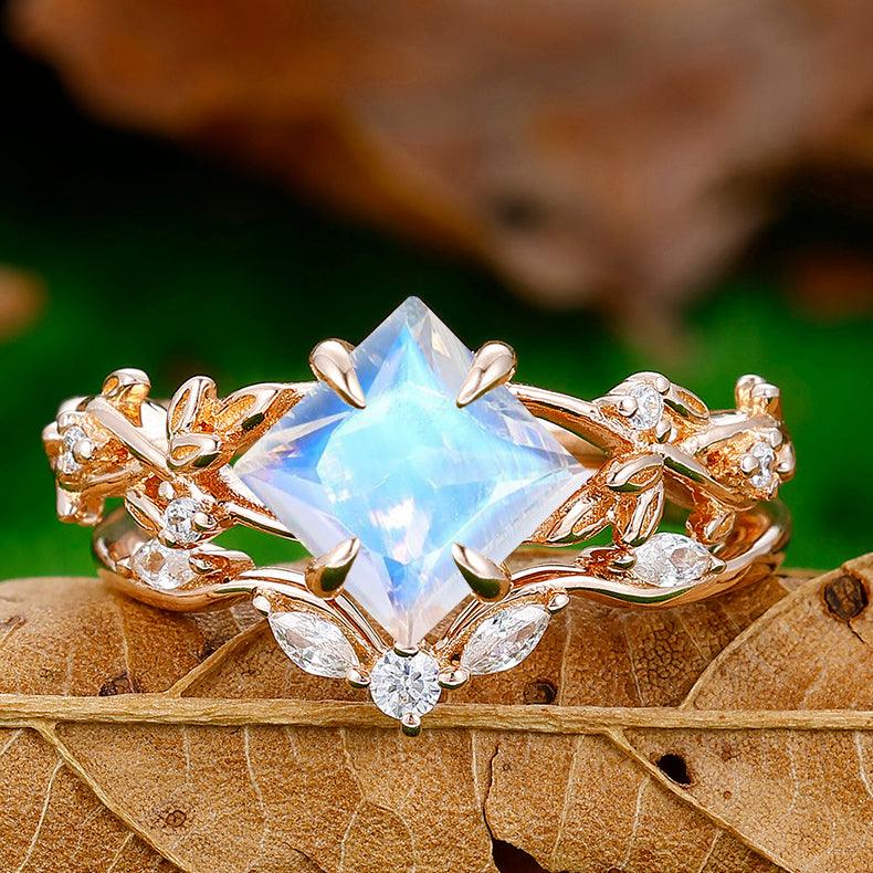 2CT Princess Cut Moonstone Engagement Ring Set Women Dainty