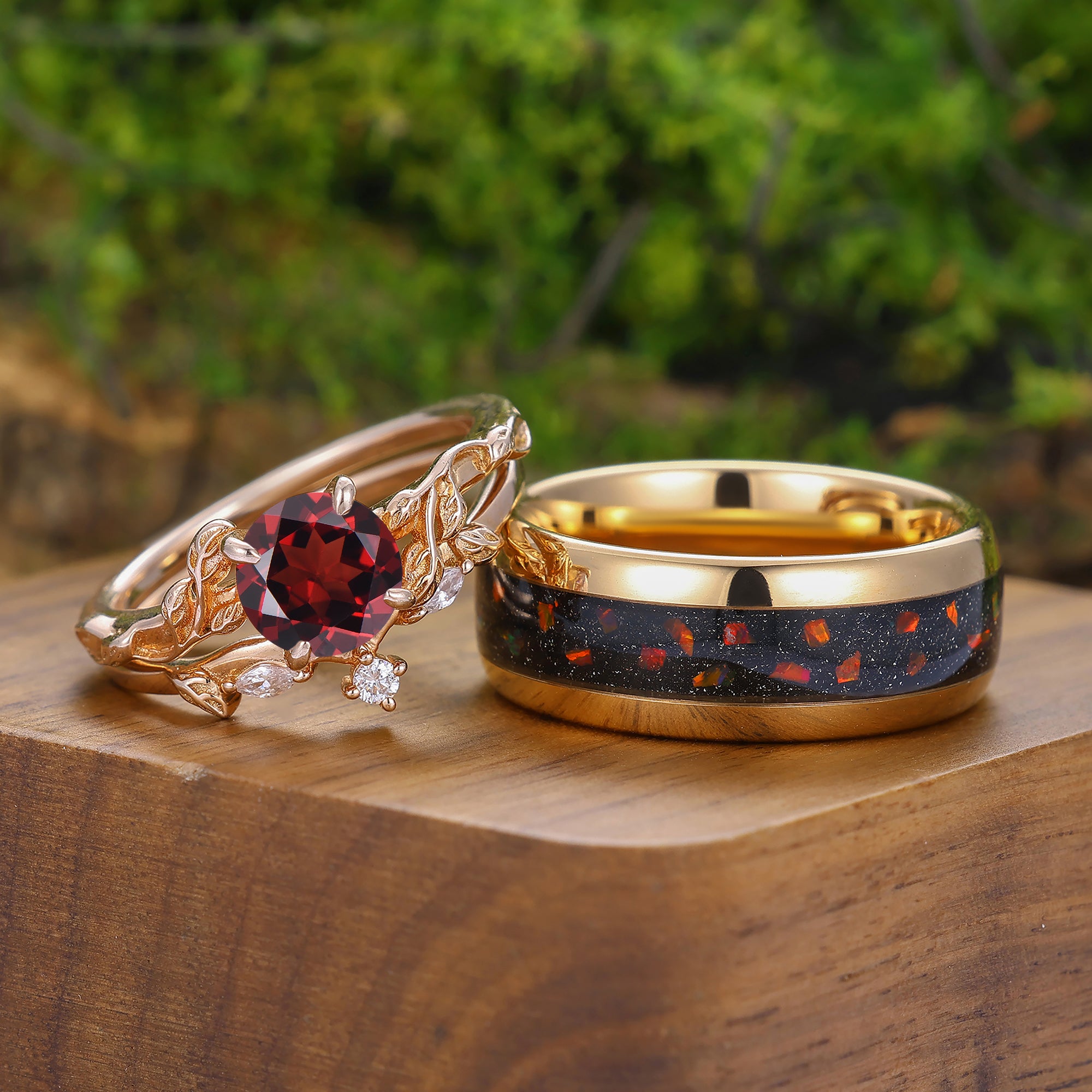 Exquisite Engraved Leaf Red Garnet Couple Ring Set Red His And