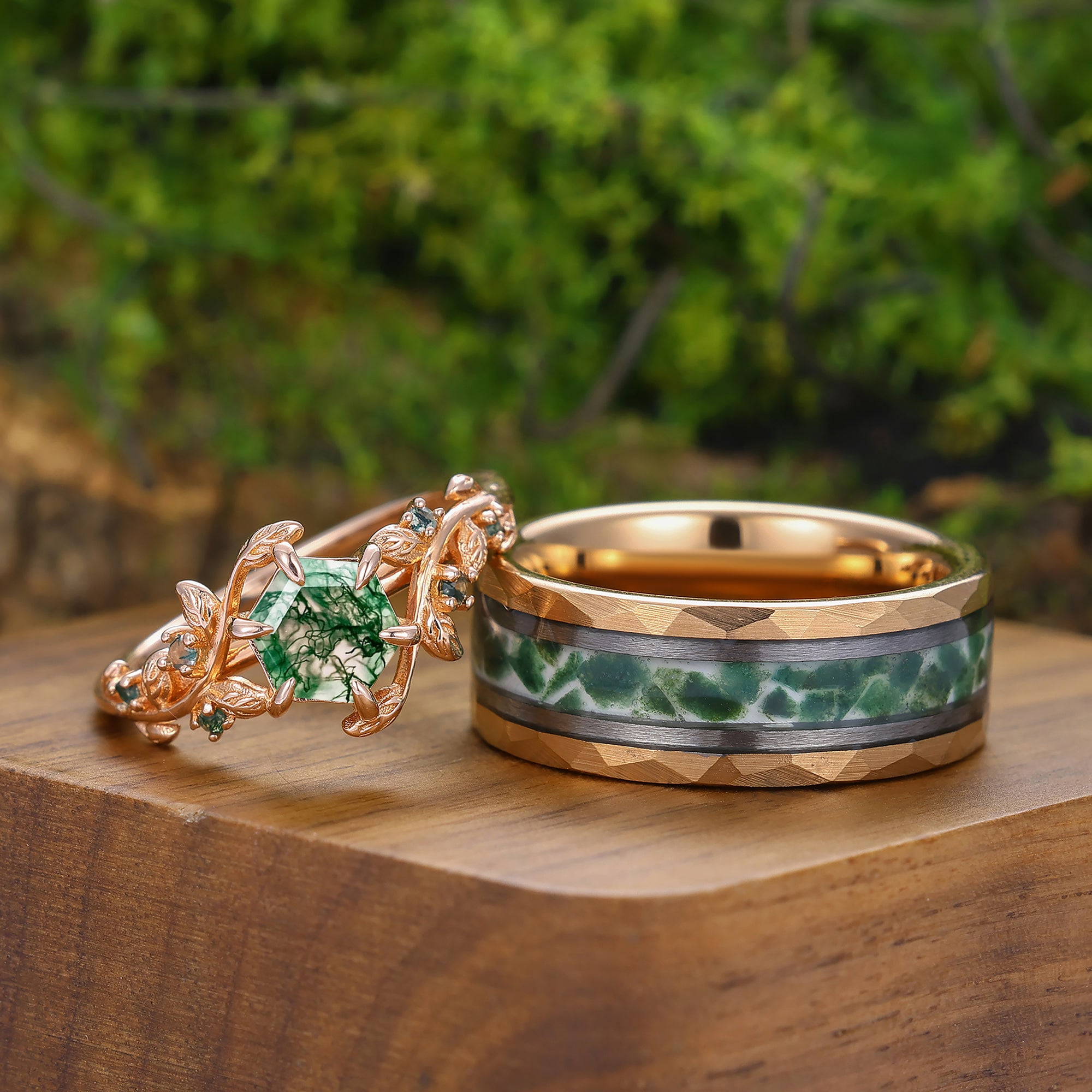 Green Natural Moss Agate Hexagon Couples Ring Set His and Her