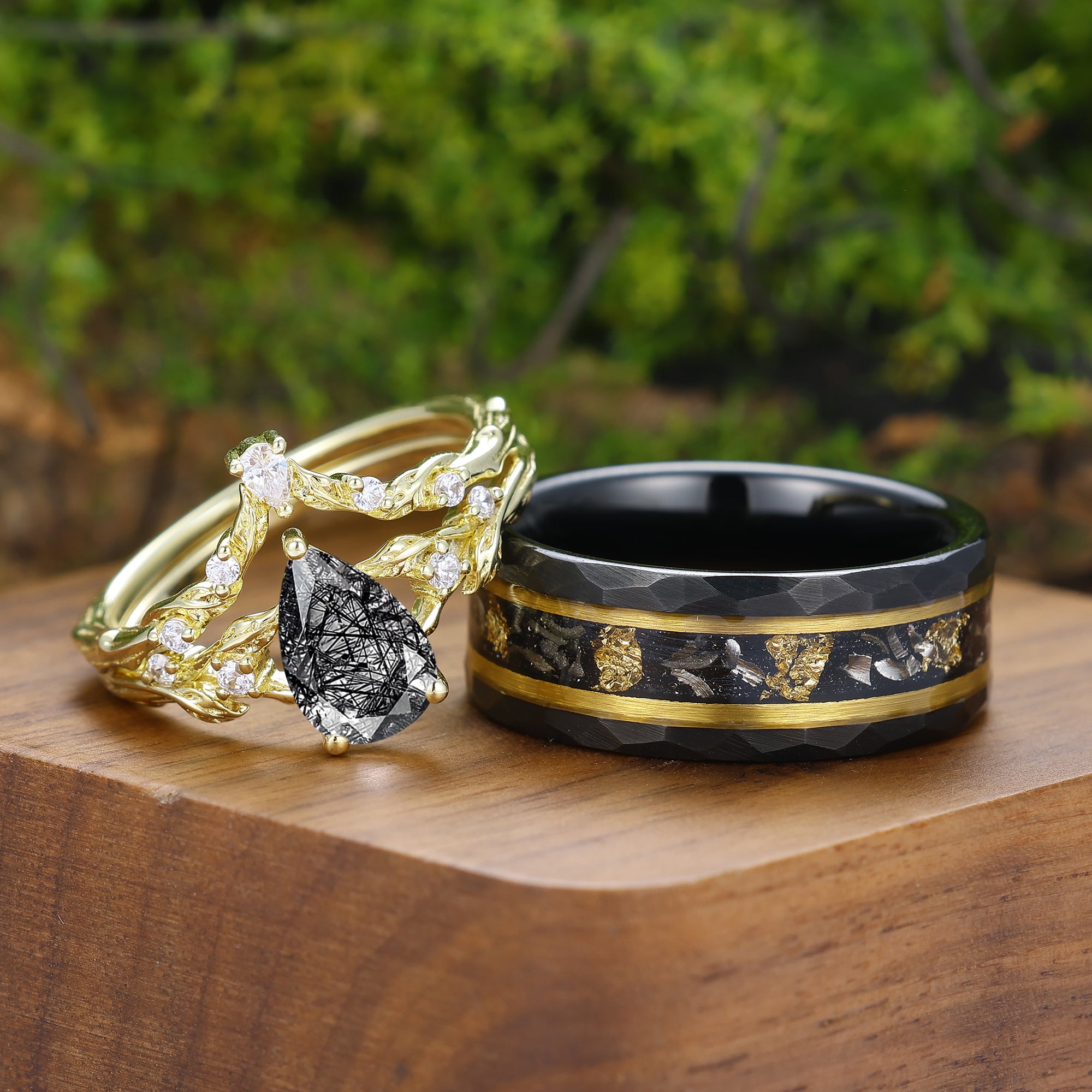 Engraved Leaf Pear Shape Natural Black Rutilated Quartz Couple