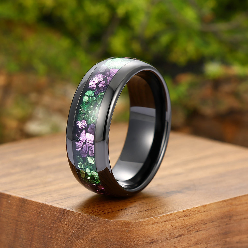 Two-tone Amethyst And Emerald Inlay Tungsten Carbide Mens Ring 8mm
