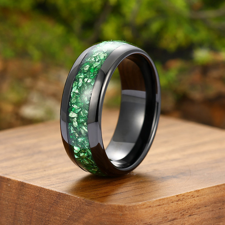 Modern Emerald Inlay Mens Tungsten Ring Green Black Unisex Wedding