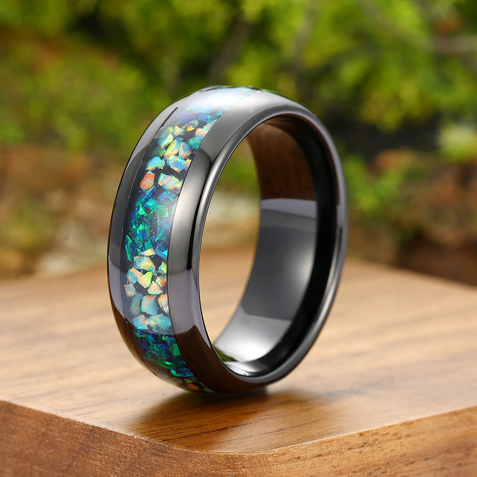 Crushed White And Peacock Green Opal lnlay Tungsten Wedding Band