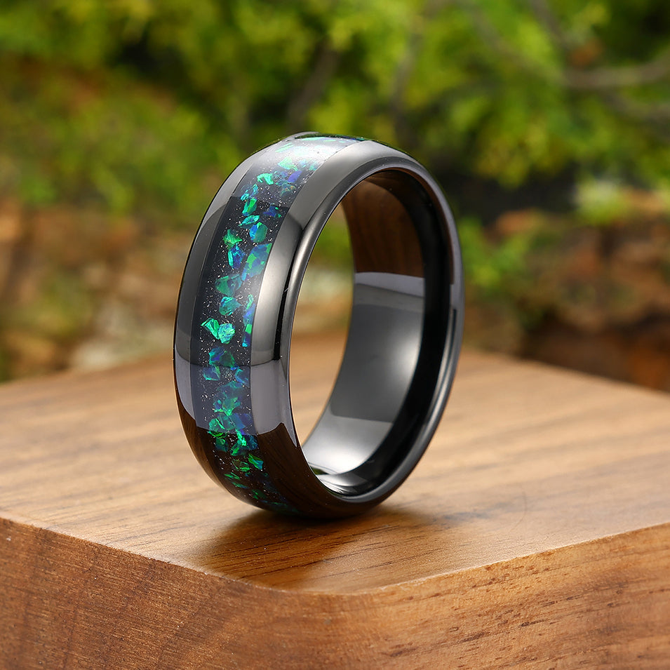 Unique Peacock Green Opal Inlay Tungsten Carbide Mens Ring Black