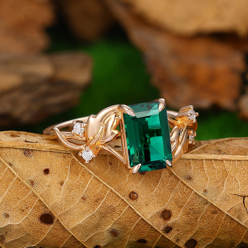 2.50CT Emerald Cut Moissanite Ring Leaf Design Ring Split Shank
