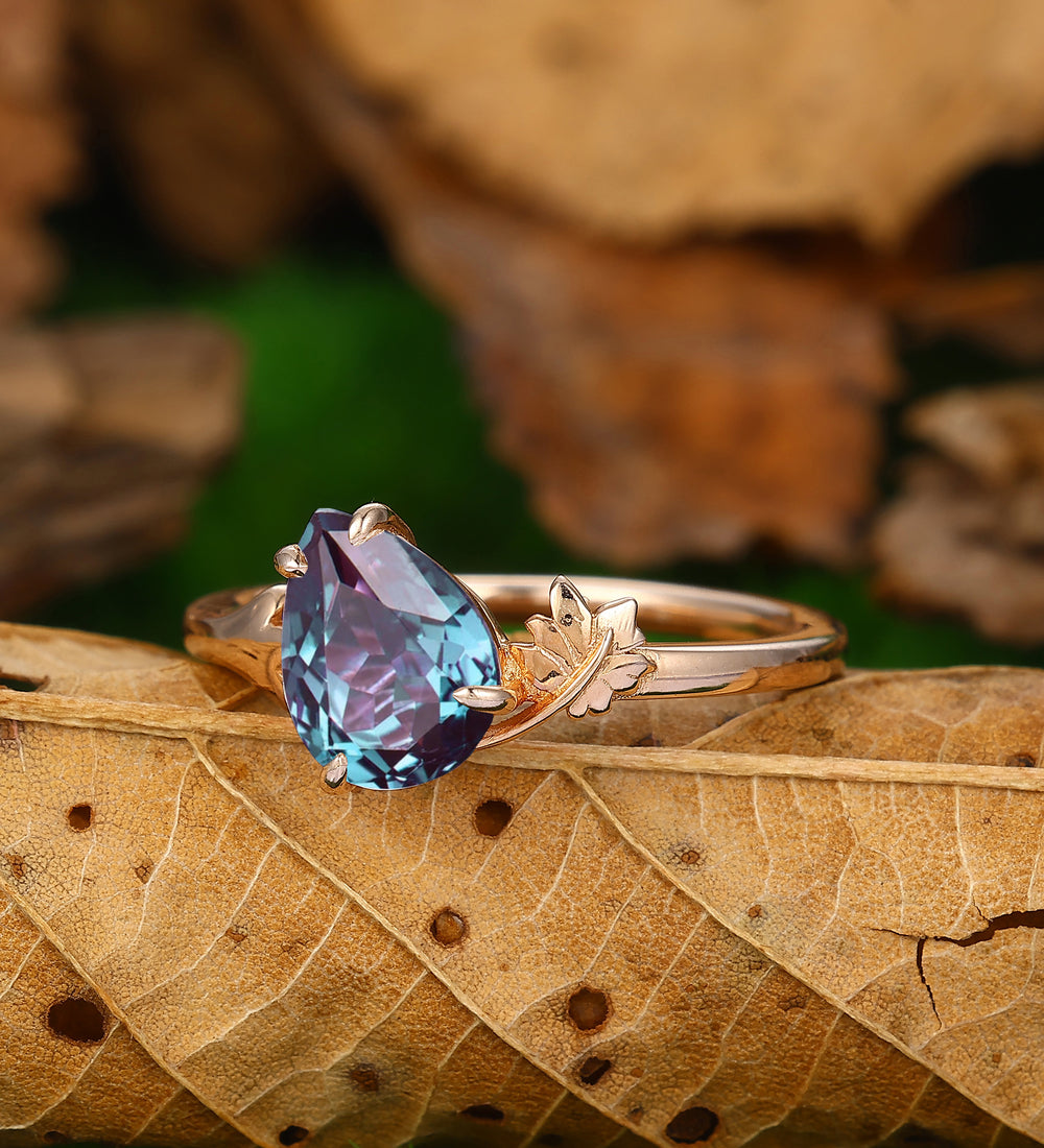vintage 1.35CT alexandrite engagement wedding ring 14k gold nature inspired maple leaf ring