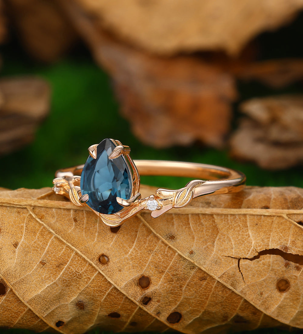 Pear Cut London Blue Topaz Enagement Ring Leaf Design Bridal Stacking Ring