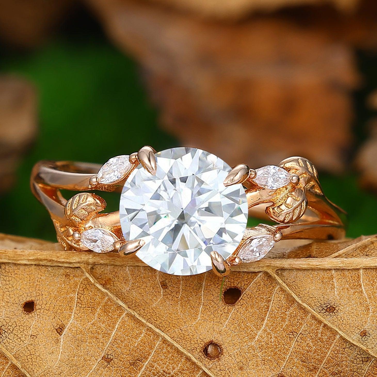 Twisted Twig Vine Ring Round Cut Moissanite Nature Inspired Leaf