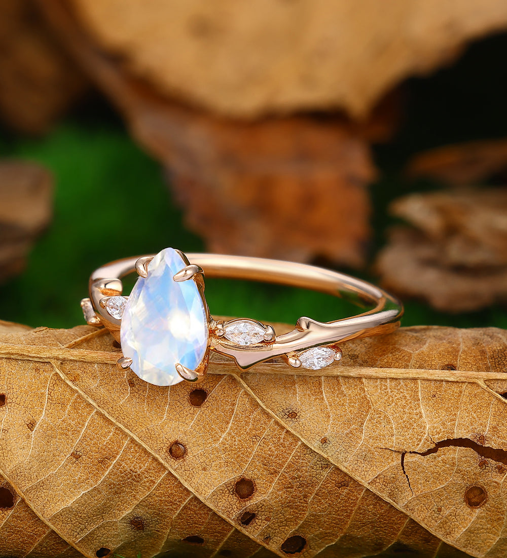 Vintage Pear Shaped Rainbow Moonstone Engagement Ring Unique 14K Rose Gold