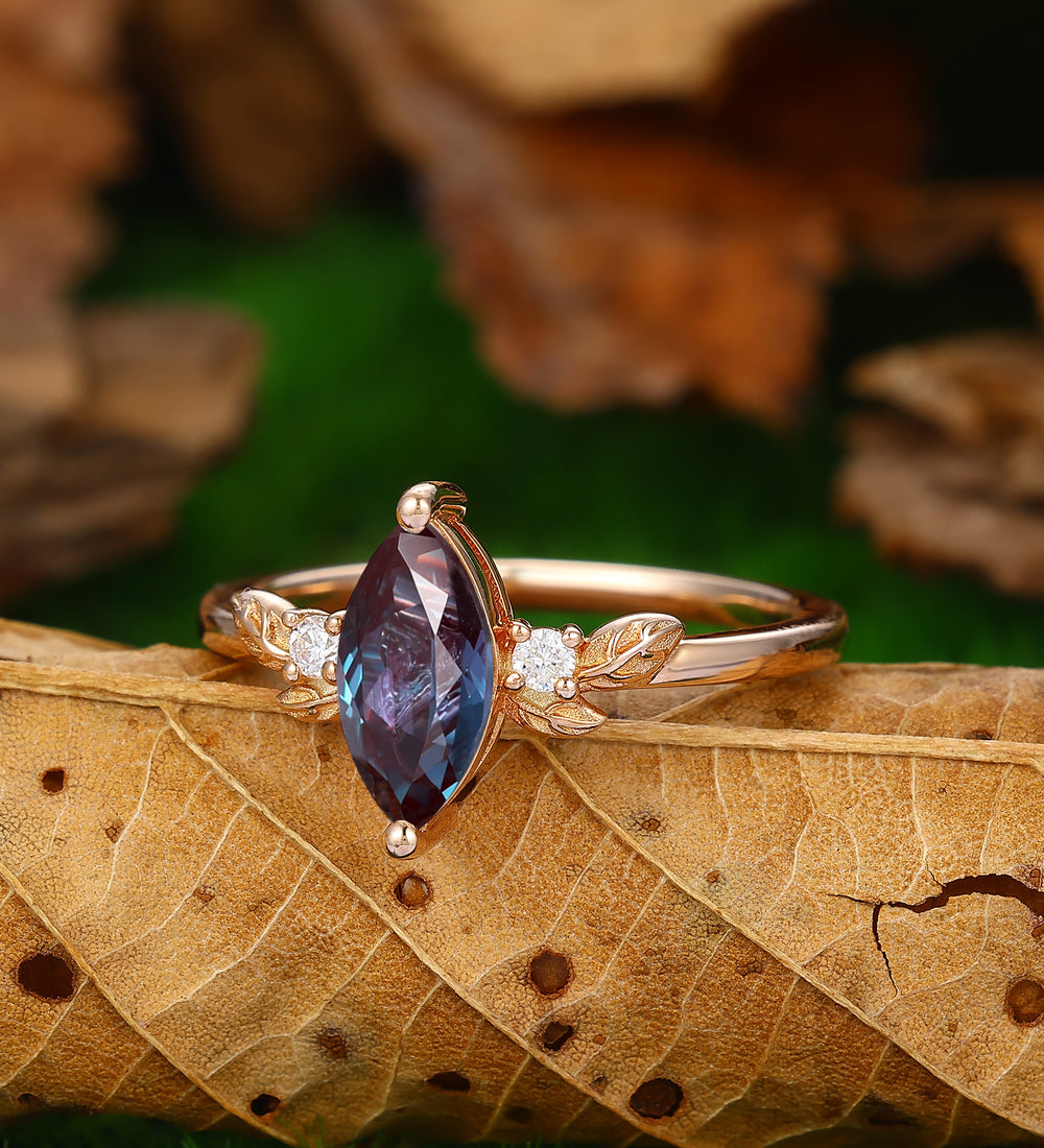 Color Changing 1CT Marquise Shaped Alexandrite Leaf Style  Handmade Anniversary Bridal Ring