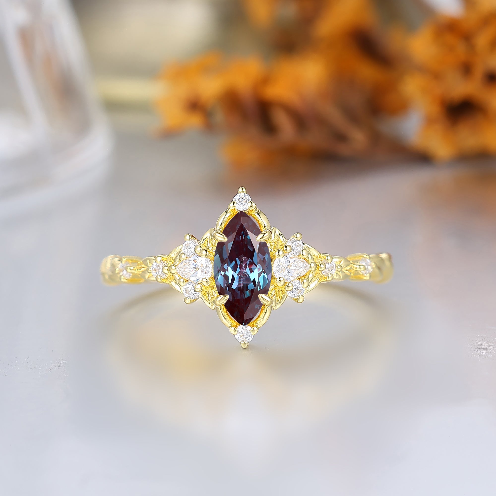 Victorian Halo Marquise Alexandrite Wedding Ring Leaf Rope Alexandrite