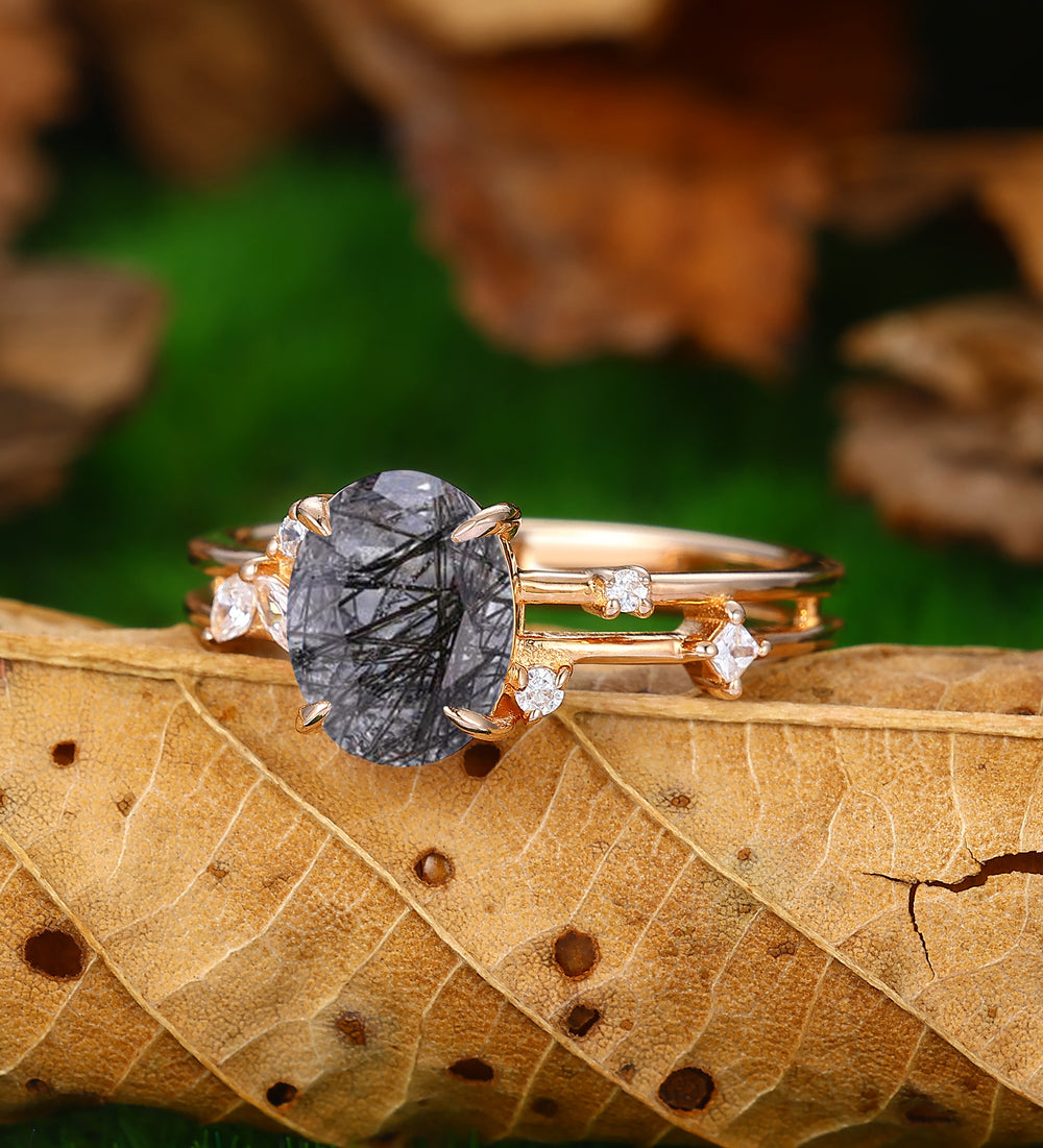 7x9mm Natural Black Rutilated Quartz Engagememt Ring Women Dainty Moissanite Wedding Ring