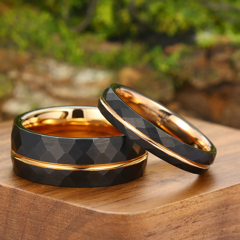 Simple 8mm/4mm Black Grooved Rhombic Rose Gold Couple Rings