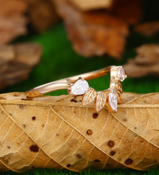 Leaf Moissanite Promise Bridal Ring Matching Band Ring