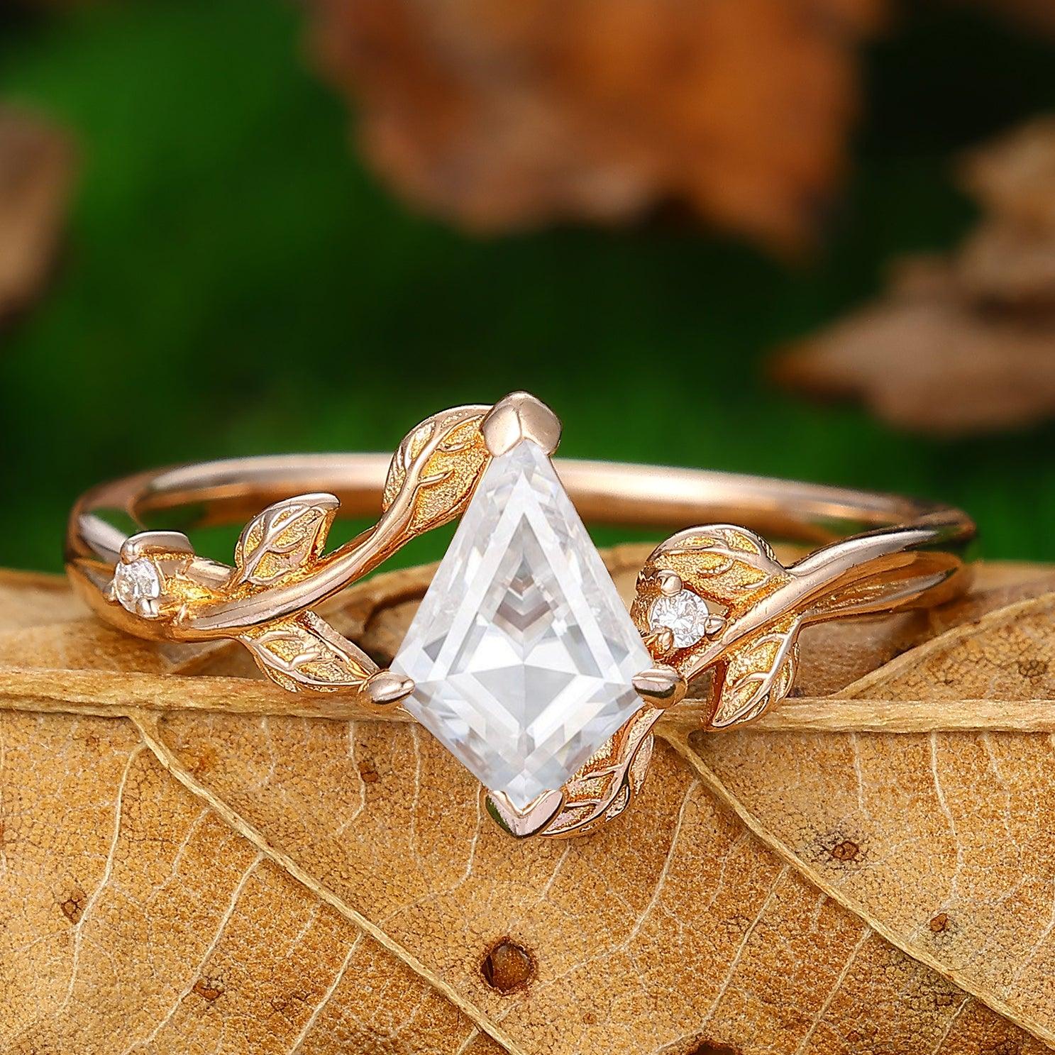 Solitaire Kite Shaped Moissanite Art Deco Leaf Vine Engagement
