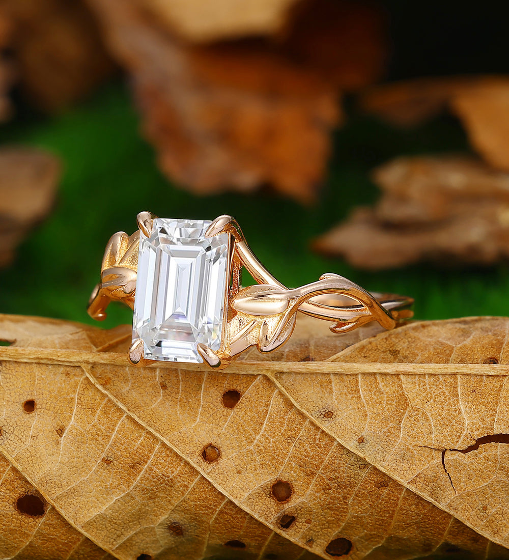 2.50CT Emerald Cut Moissanite Ring Leaf Design Ring Solitaire Ring Prong Setting Ring