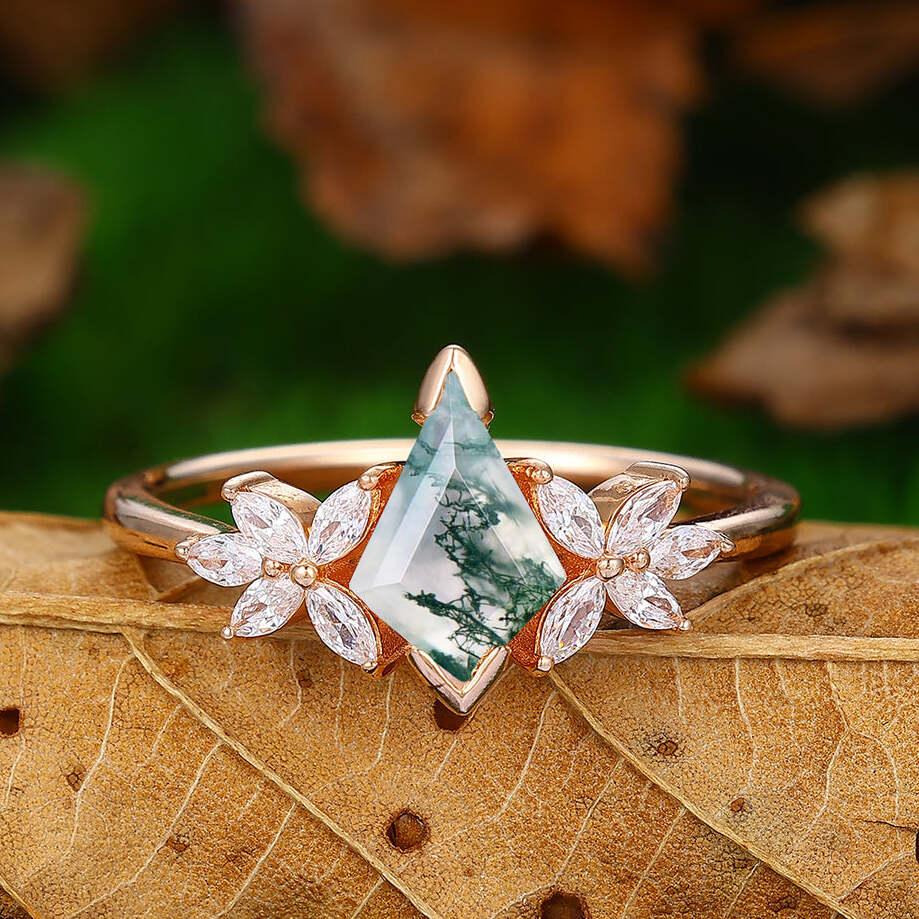 Kite Cut Moss Agate Engagement Ring Set 14k Rose Gold Art Deco