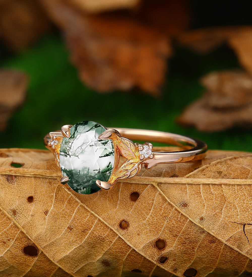 Oval Cut  Moss Agate Nature Inspired 14k Rose Gold Twig Leaf Art Deco Emerald Ring