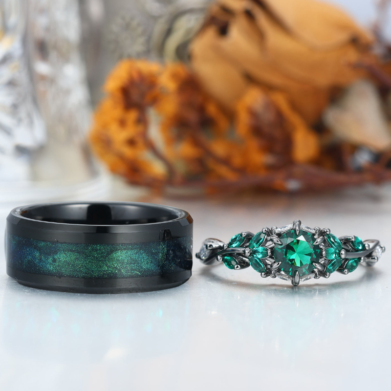 Emerald Engagement Couples Ring Set And Galaxy Quicksand Inlay