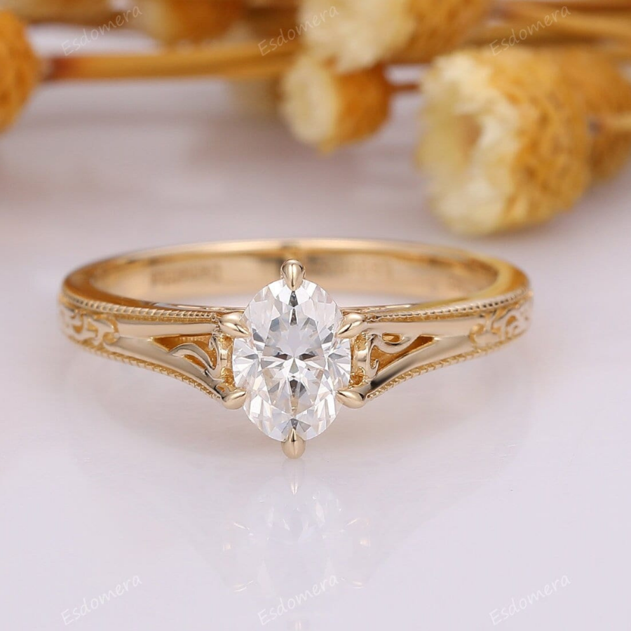 Art Deco Solitaire Oval Moissanite Engagement Ring Filigreed Prong