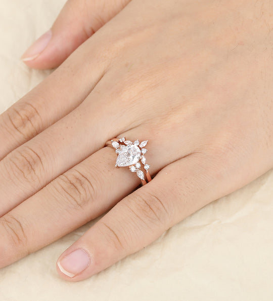 1.5Carat Pear Shaped Rose Gold 7 Stone Marquise Cluster Moissanite Engagement Ring Set