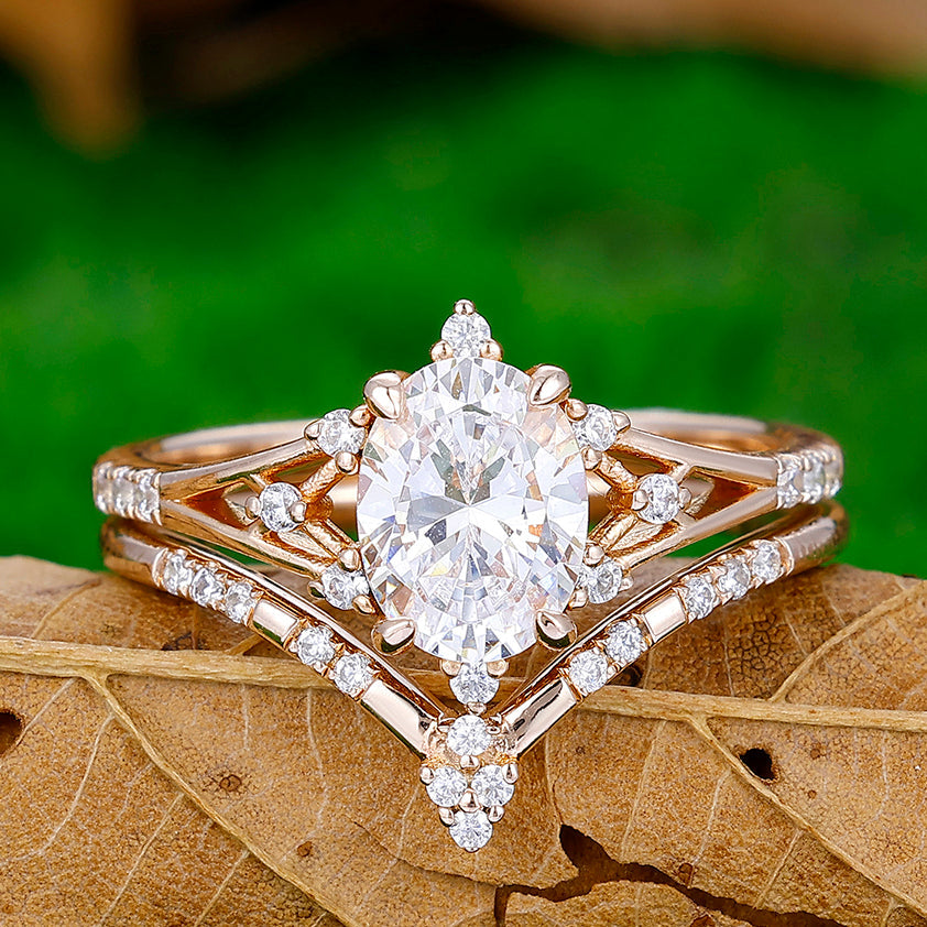 And Wedding Moissanite Engagement Ring Sets Split Shanke Oval Cut