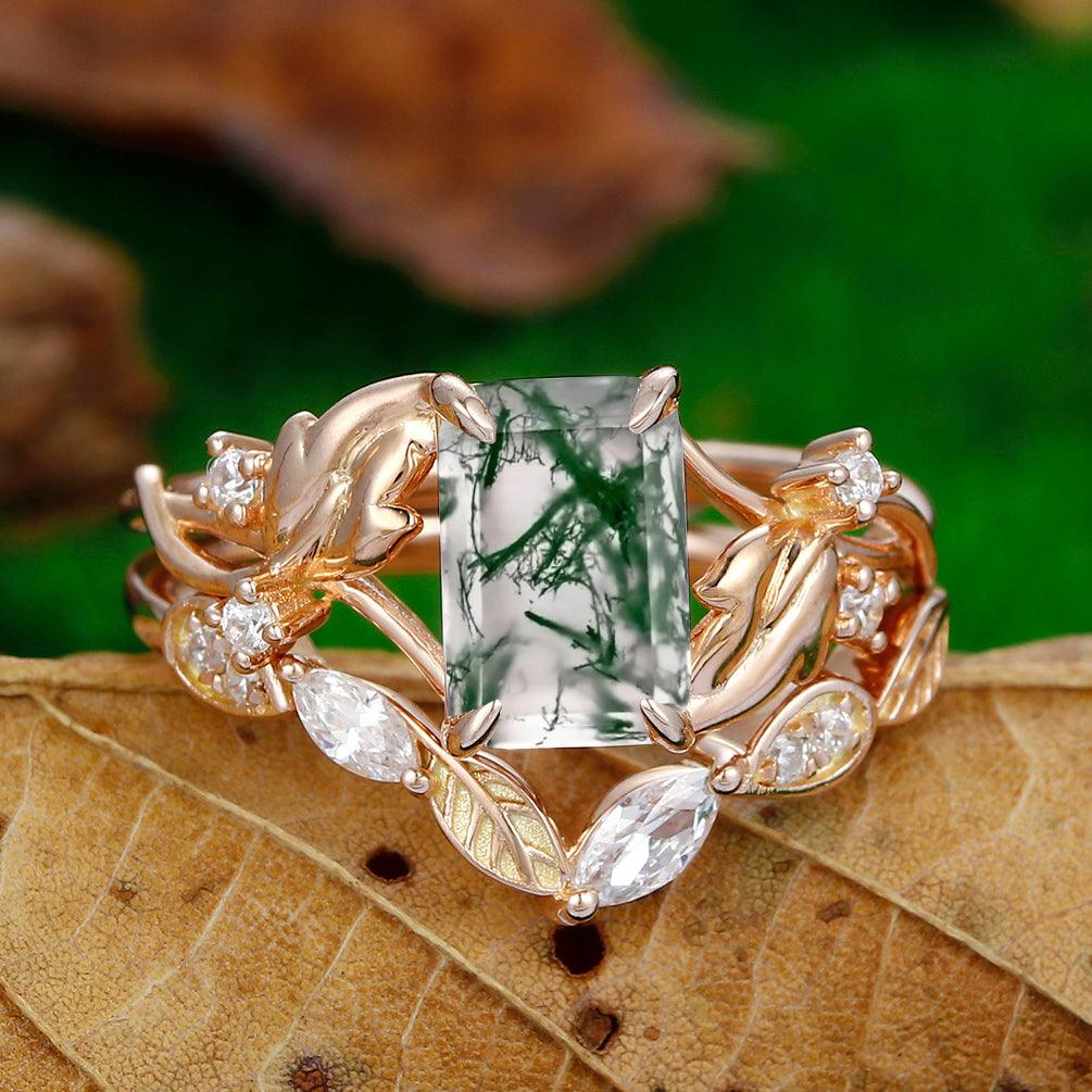 Emerald Cut 14k Rose Gold Leaf Band Natural Moss Agate