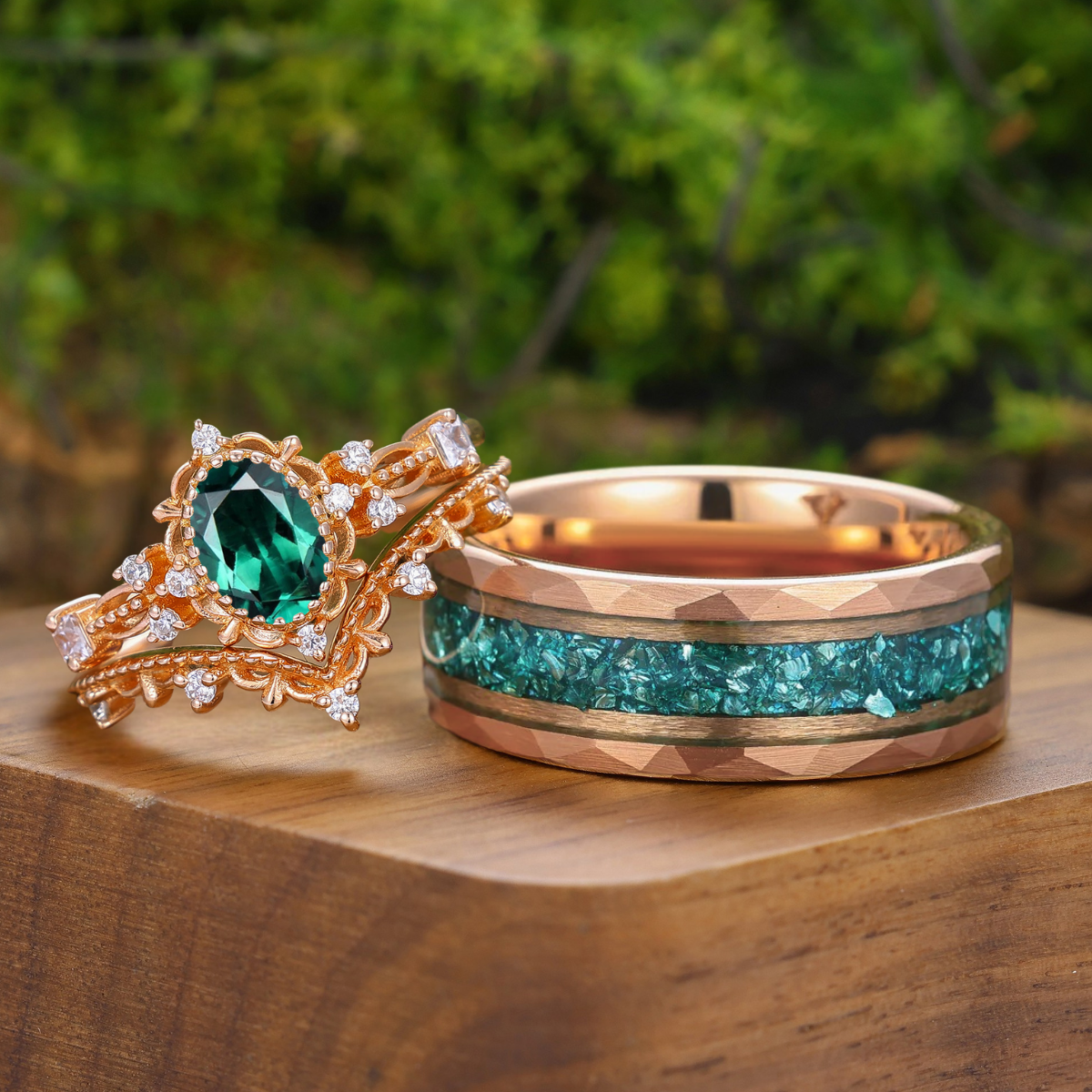 専用＊Ringpillow＆Message arrange＊アンティークアレンジ Vintage Oval Emerald Floral Couple Ring Set Vine Milgrained His